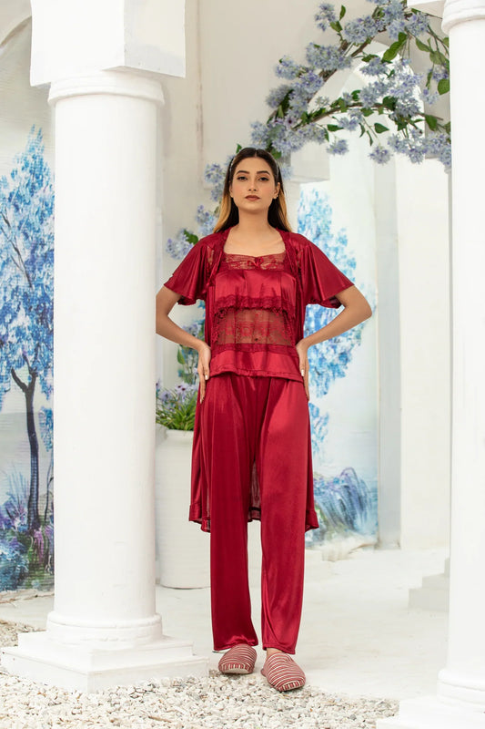 3 Pc Premium Silk Pajama Suit with Gown - T358