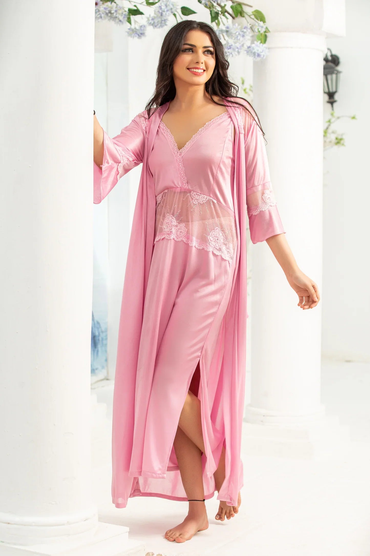 2 Pc Premium Silk Nighty with Gown